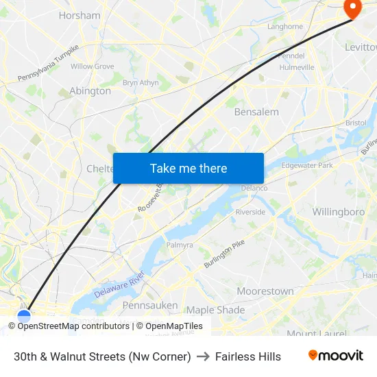 30th & Walnut Streets (Nw Corner) to Fairless Hills map