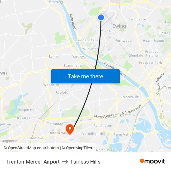 Trenton-Mercer Airport to Fairless Hills map