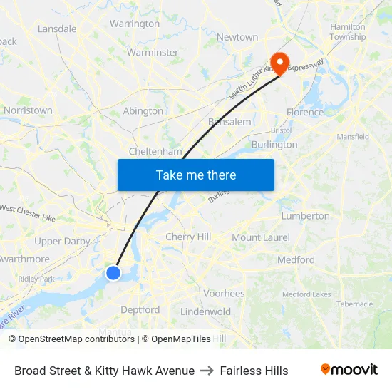 Broad Street & Kitty Hawk Avenue to Fairless Hills map