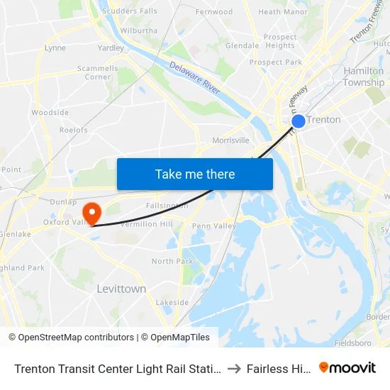 Trenton Transit Center Light Rail Station to Fairless Hills map