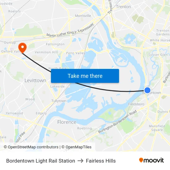 Bordentown Light Rail Station to Fairless Hills map