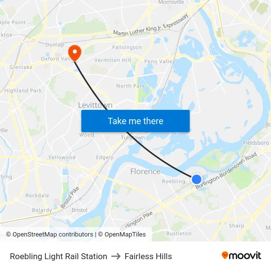 Roebling Light Rail Station to Fairless Hills map