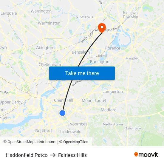 Haddonfield Patco to Fairless Hills map