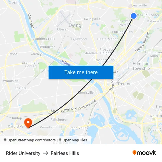 Rider University to Fairless Hills map