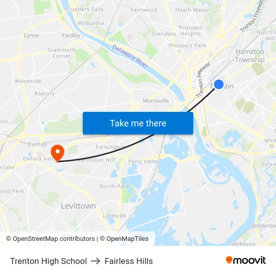 Trenton High School to Fairless Hills map