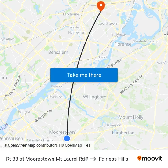 Rt-38 at Moorestown-Mt Laurel Rd# to Fairless Hills map