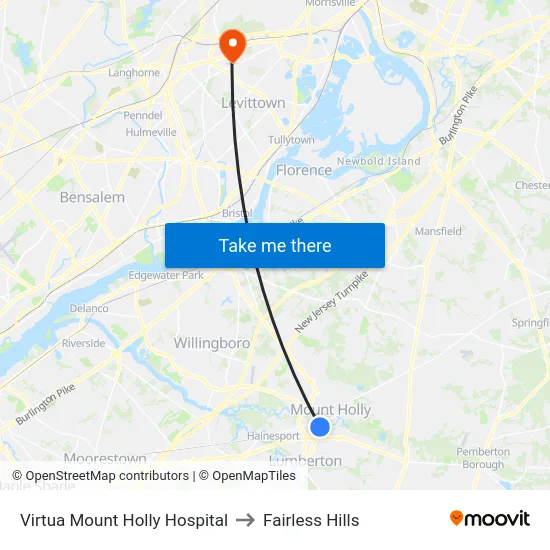 Virtua Mount Holly Hospital to Fairless Hills map