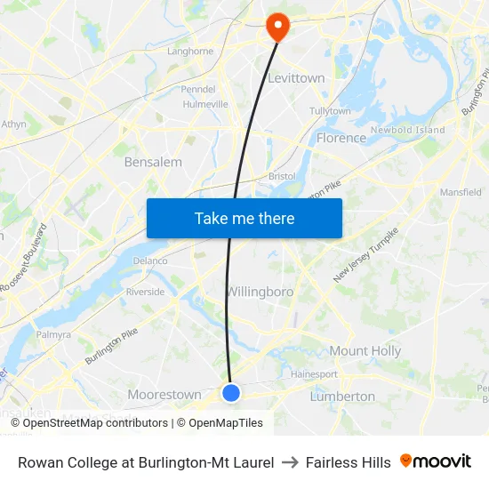 Rowan College at Burlington-Mt Laurel to Fairless Hills map