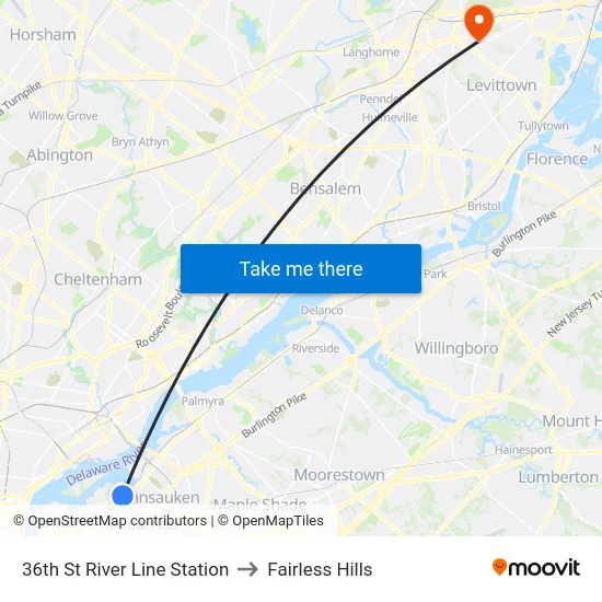 36th St River Line Station to Fairless Hills map