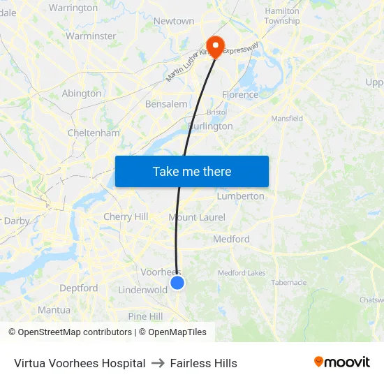 Virtua Voorhees Hospital to Fairless Hills map