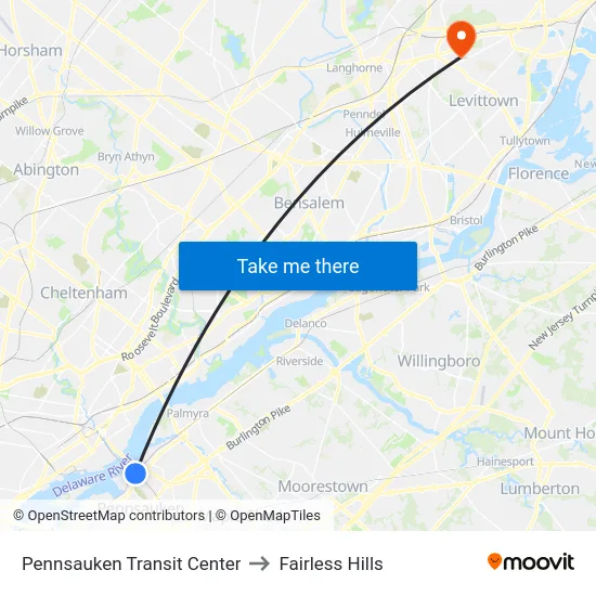 Pennsauken Transit Center to Fairless Hills map