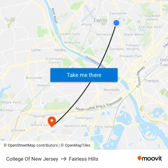 College Of New Jersey to Fairless Hills map