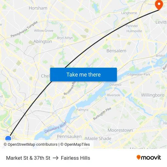 Market St & 37th St to Fairless Hills map