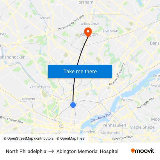 North Philadelphia to Abington Memorial Hospital map