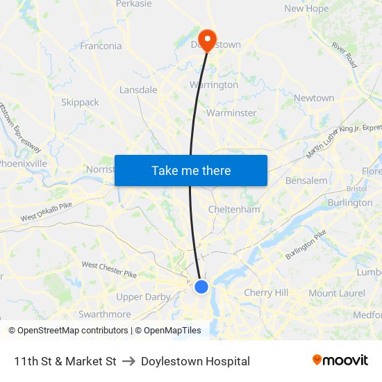 11th St & Market St to Doylestown Hospital map