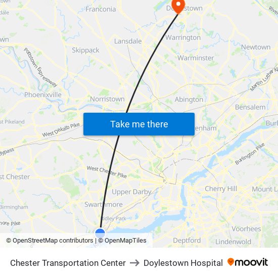 Chester Transportation Center to Doylestown Hospital map