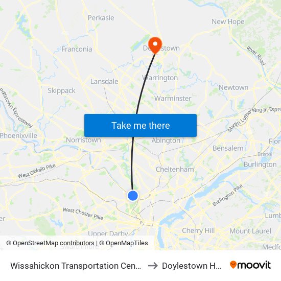 Wissahickon Transit Center to Doylestown Hospital map