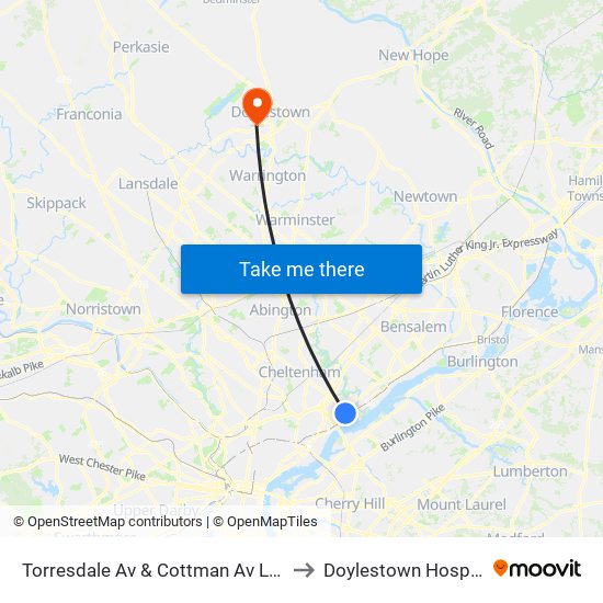 Torresdale Av & Cottman Av Loop to Doylestown Hospital map