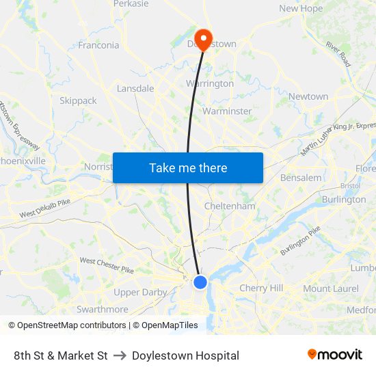 8th St & Market St to Doylestown Hospital map