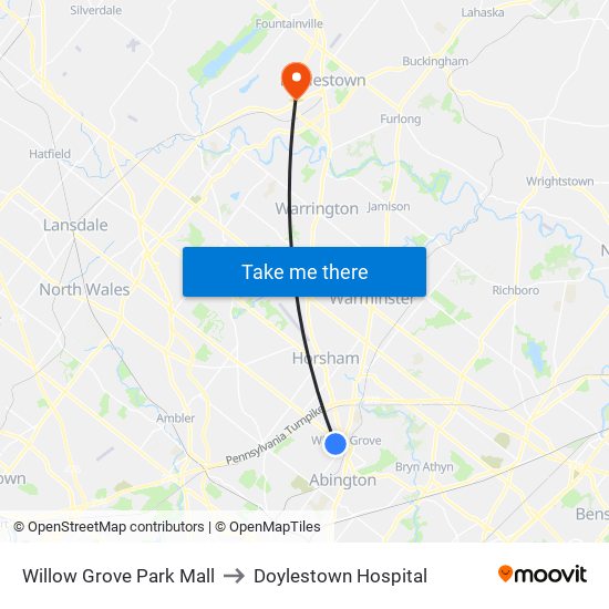 Willow Grove Park Mall to Doylestown Hospital map