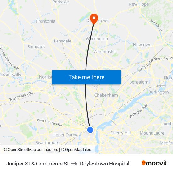 Juniper St & Commerce St to Doylestown Hospital map