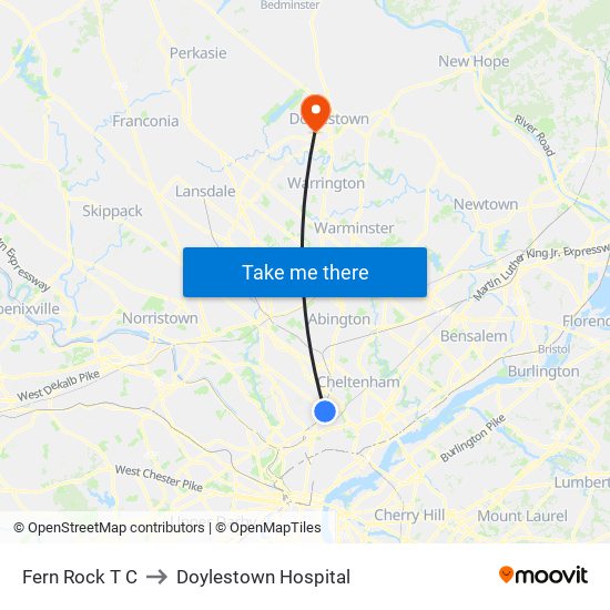 Fern Rock T C to Doylestown Hospital map