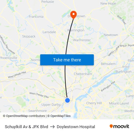 Schuylkill Av & JFK Blvd to Doylestown Hospital map