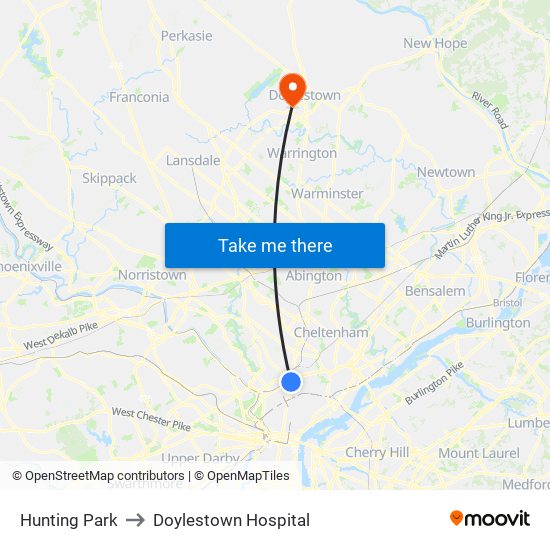 Hunting Park to Doylestown Hospital map