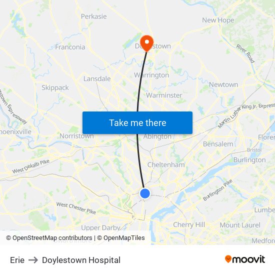 Erie to Doylestown Hospital map