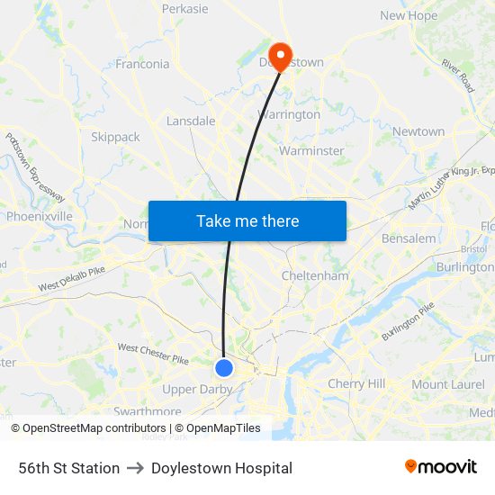 56th St Station to Doylestown Hospital map