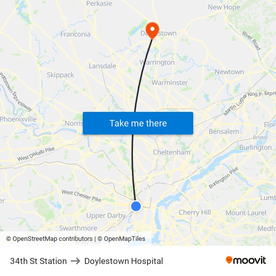 34th St Station to Doylestown Hospital map