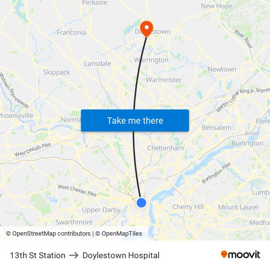 13th St Station to Doylestown Hospital map