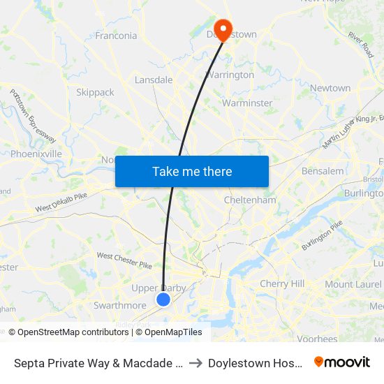 Septa Private Way & Macdade Blvd to Doylestown Hospital map