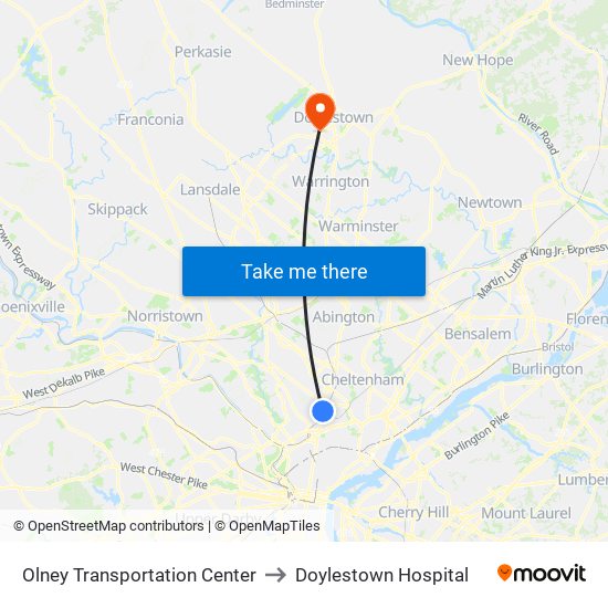 Olney Transportation Center to Doylestown Hospital map