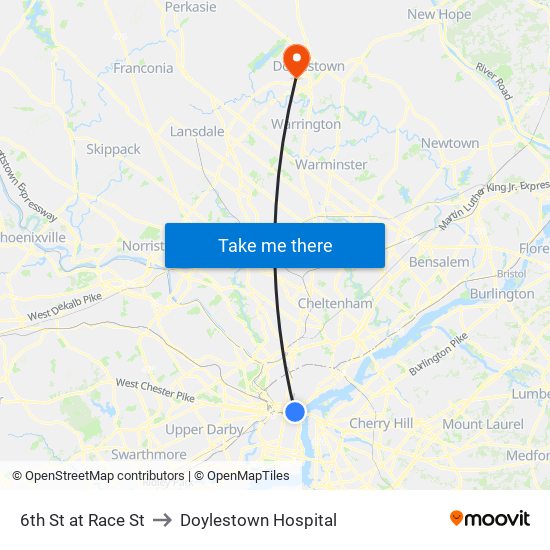 6th St at Race St to Doylestown Hospital map