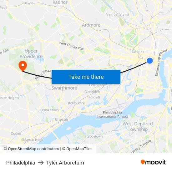 Philadelphia to Tyler Arboretum map