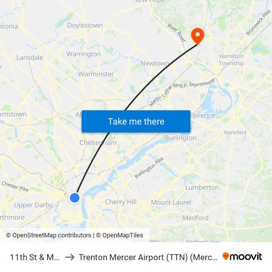 11th St & Market St to Trenton Mercer Airport (TTN) (Mercer County Airport) map