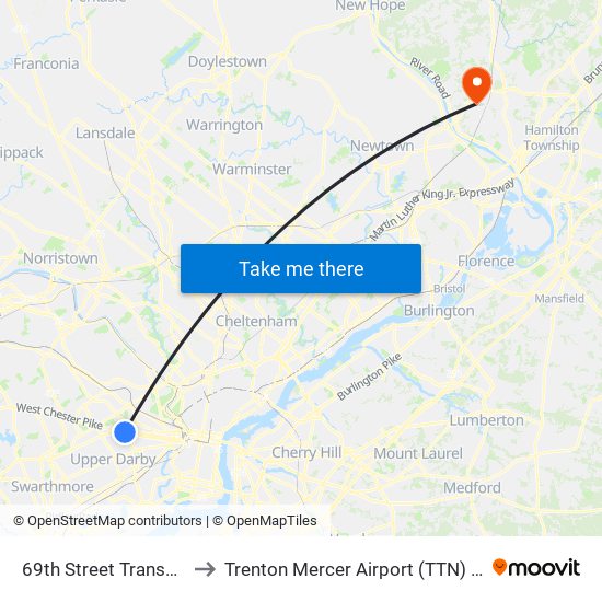 69th Street Transportation Center to Trenton Mercer Airport (TTN) (Mercer County Airport) map