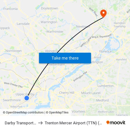 Darby Transportation Center to Trenton Mercer Airport (TTN) (Mercer County Airport) map