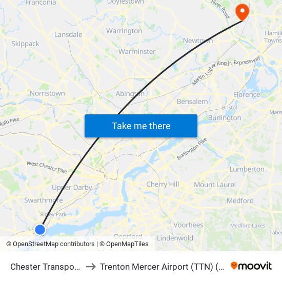 Chester Transportation Center to Trenton Mercer Airport (TTN) (Mercer County Airport) map