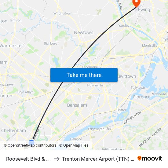 Roosevelt Blvd & Cottman Av - FS to Trenton Mercer Airport (TTN) (Mercer County Airport) map
