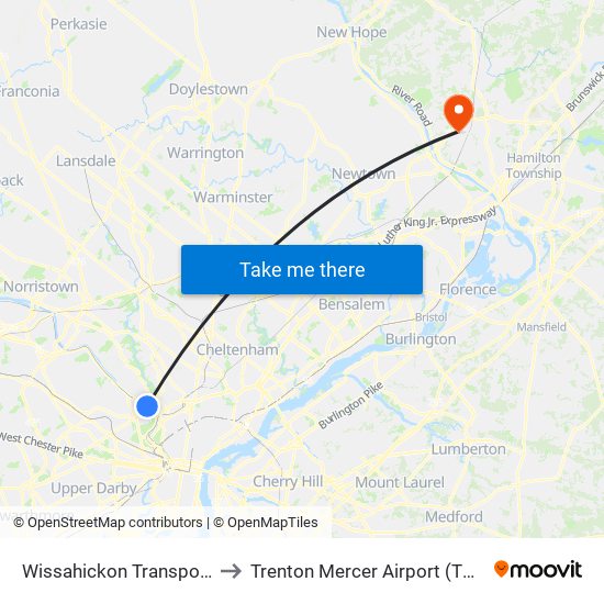 Wissahickon Transportation Center - Onsite to Trenton Mercer Airport (TTN) (Mercer County Airport) map