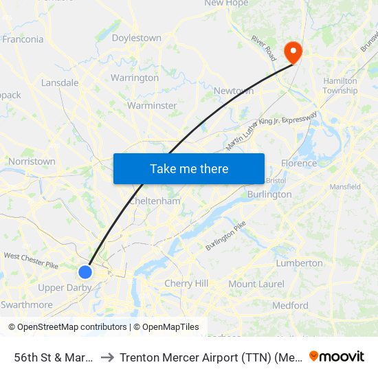 56th St & Market St - Fs to Trenton Mercer Airport (TTN) (Mercer County Airport) map