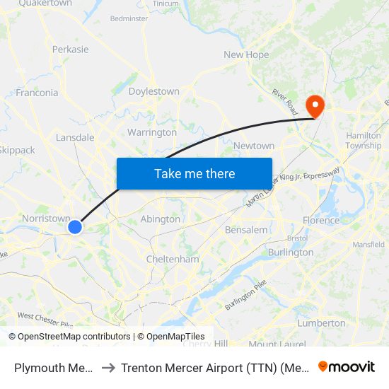 Plymouth Meeting Mall to Trenton Mercer Airport (TTN) (Mercer County Airport) map