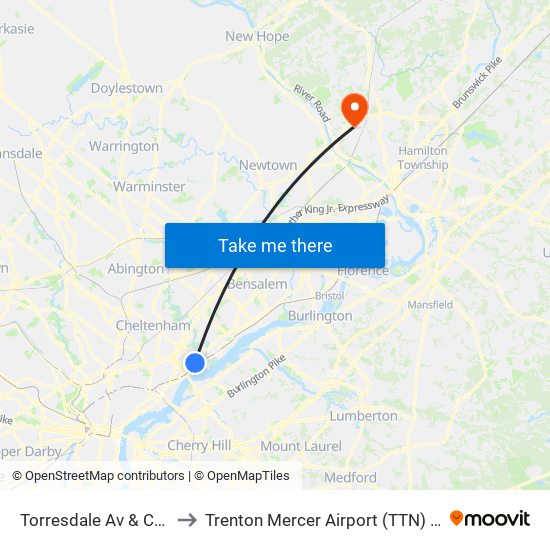 Torresdale Av & Cottman Av Loop to Trenton Mercer Airport (TTN) (Mercer County Airport) map