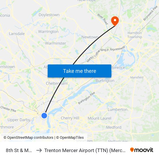 8th St & Market St to Trenton Mercer Airport (TTN) (Mercer County Airport) map