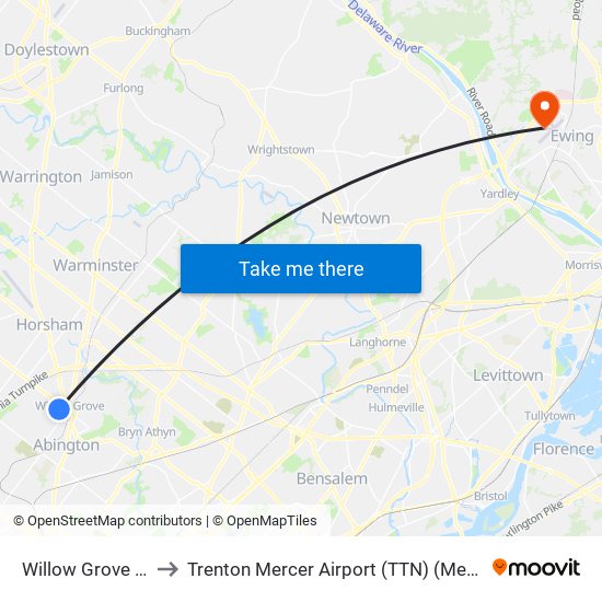 Willow Grove Park Mall to Trenton Mercer Airport (TTN) (Mercer County Airport) map