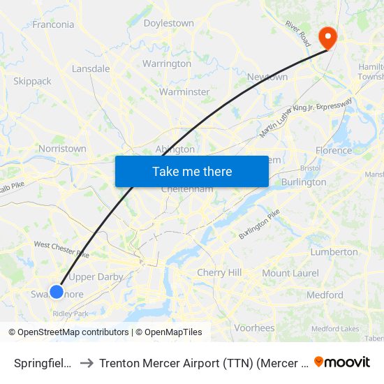 Springfield Mall to Trenton Mercer Airport (TTN) (Mercer County Airport) map