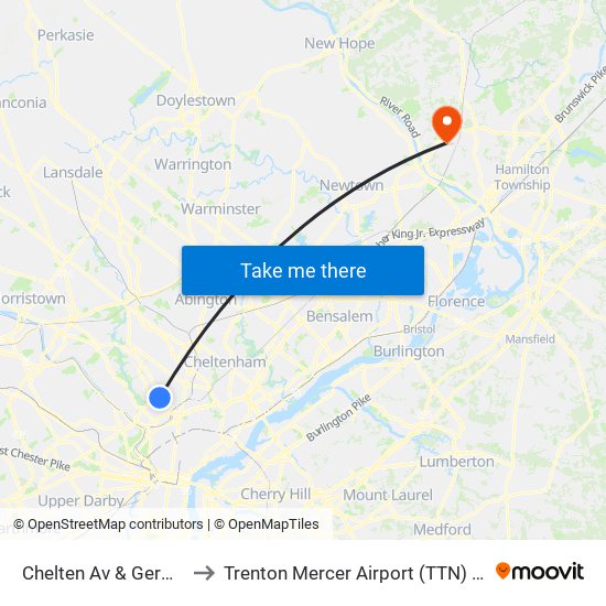 Chelten Av & Germantown Av - FS to Trenton Mercer Airport (TTN) (Mercer County Airport) map