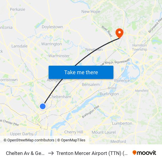 Chelten Av & Germantown Av to Trenton Mercer Airport (TTN) (Mercer County Airport) map
